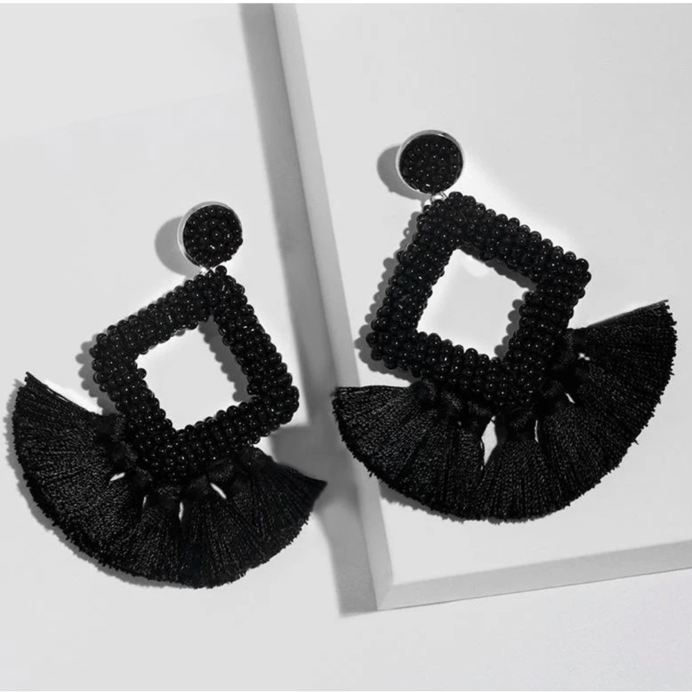 Beaded Fringe statement earrings, black